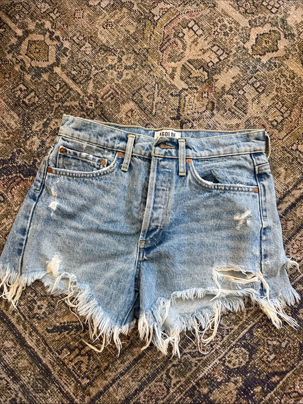 Agolde Light Wash Frayed Hem Denim Shorts